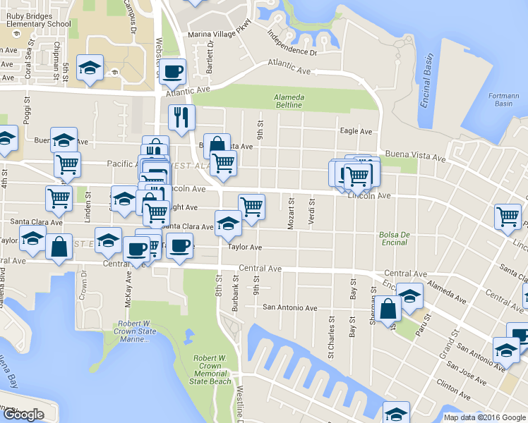 map of restaurants, bars, coffee shops, grocery stores, and more near 2 Mastick Court in Alameda