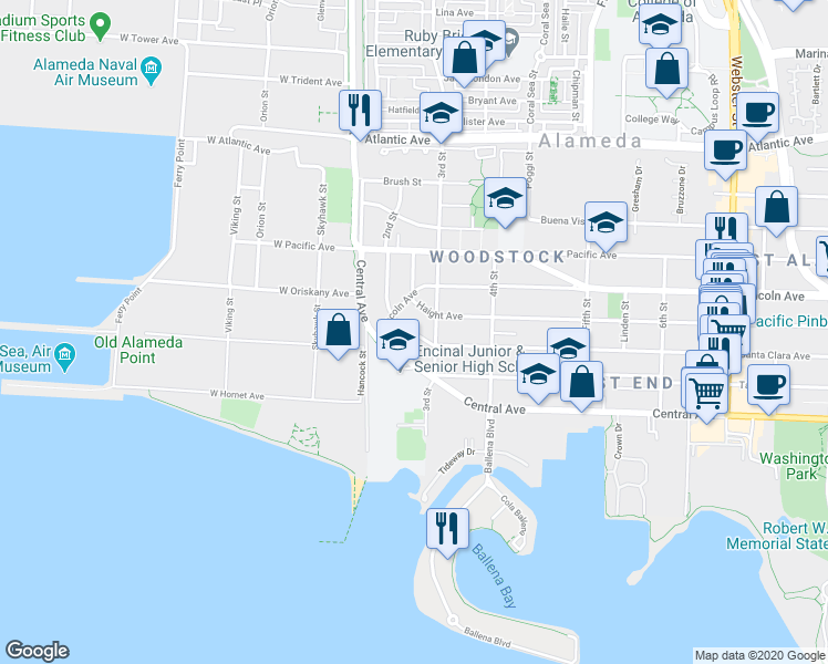 map of restaurants, bars, coffee shops, grocery stores, and more near 217 Santa Clara Avenue in Alameda