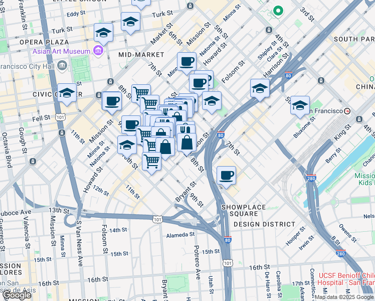 map of restaurants, bars, coffee shops, grocery stores, and more near 1210 Harrison Street in San Francisco