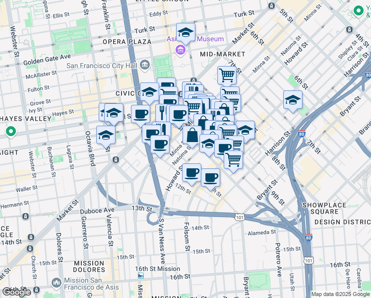 map of restaurants, bars, coffee shops, grocery stores, and more near 155 10th Street in San Francisco