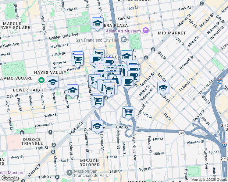 map of restaurants, bars, coffee shops, grocery stores, and more near in San Francisco
