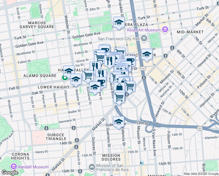 map of restaurants, bars, coffee shops, grocery stores, and more near 190 Lily Street in San Francisco