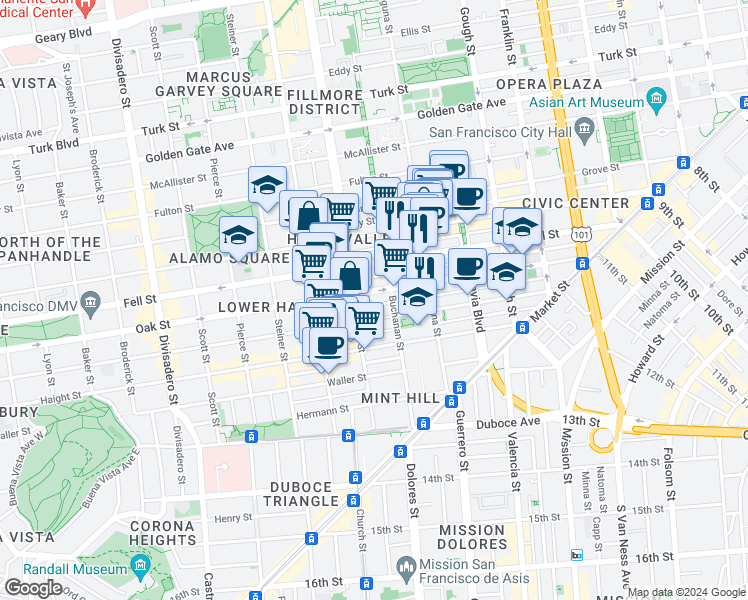 map of restaurants, bars, coffee shops, grocery stores, and more near 518 Oak Street in San Francisco