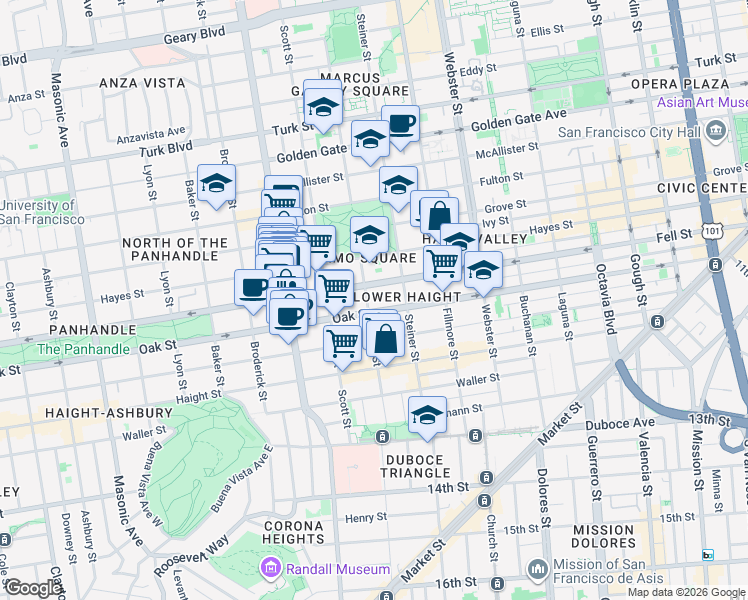 map of restaurants, bars, coffee shops, grocery stores, and more near 410 Pierce Street in San Francisco