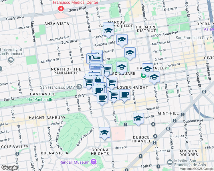 map of restaurants, bars, coffee shops, grocery stores, and more near 503 Scott Street in San Francisco