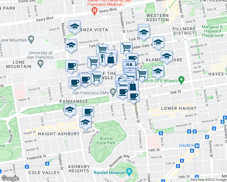 map of restaurants, bars, coffee shops, grocery stores, and more near 1469 Hayes Street in San Francisco