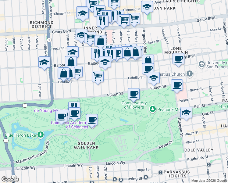 map of restaurants, bars, coffee shops, grocery stores, and more near 765 5th Avenue in San Francisco