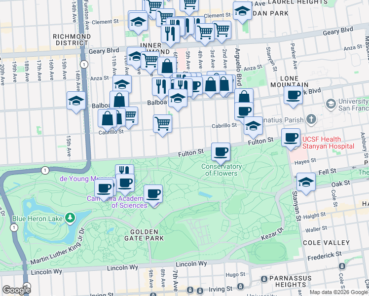 map of restaurants, bars, coffee shops, grocery stores, and more near 765 5th Avenue in San Francisco