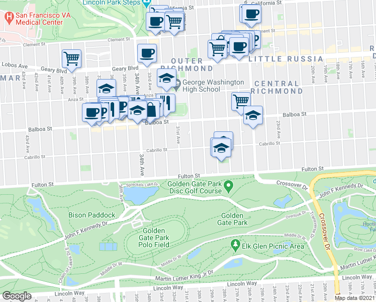 map of restaurants, bars, coffee shops, grocery stores, and more near 787 30th Avenue in San Francisco
