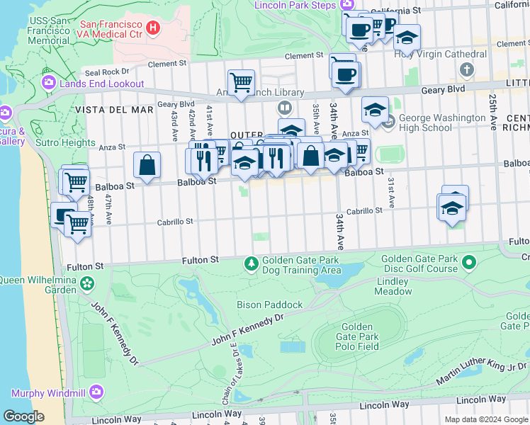map of restaurants, bars, coffee shops, grocery stores, and more near 758 39th Avenue in San Francisco