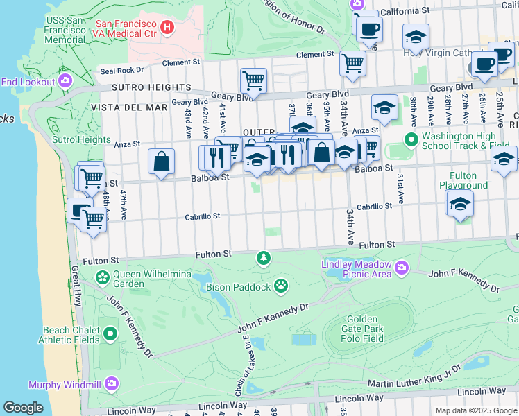 map of restaurants, bars, coffee shops, grocery stores, and more near 785 39th Avenue in San Francisco