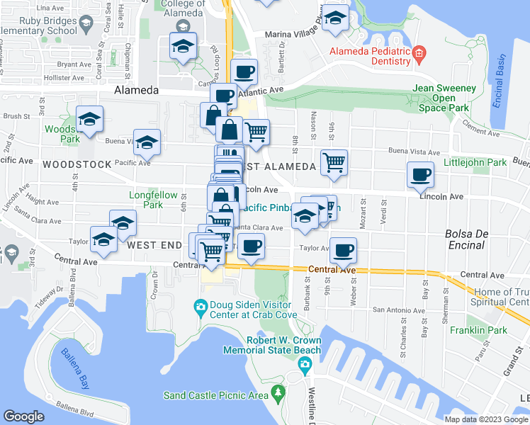 map of restaurants, bars, coffee shops, grocery stores, and more near 750 Haight Avenue in Alameda