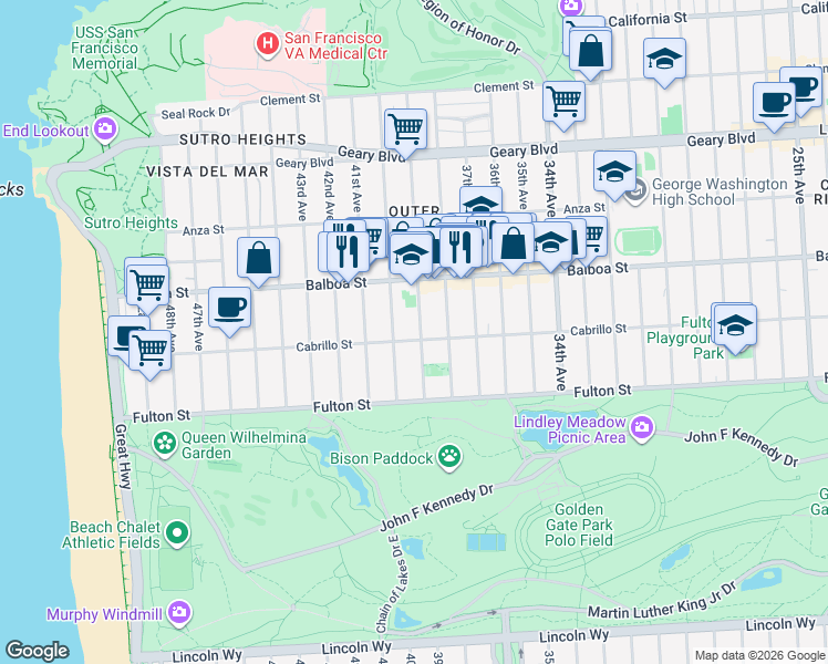 map of restaurants, bars, coffee shops, grocery stores, and more near 785 39th Avenue in San Francisco