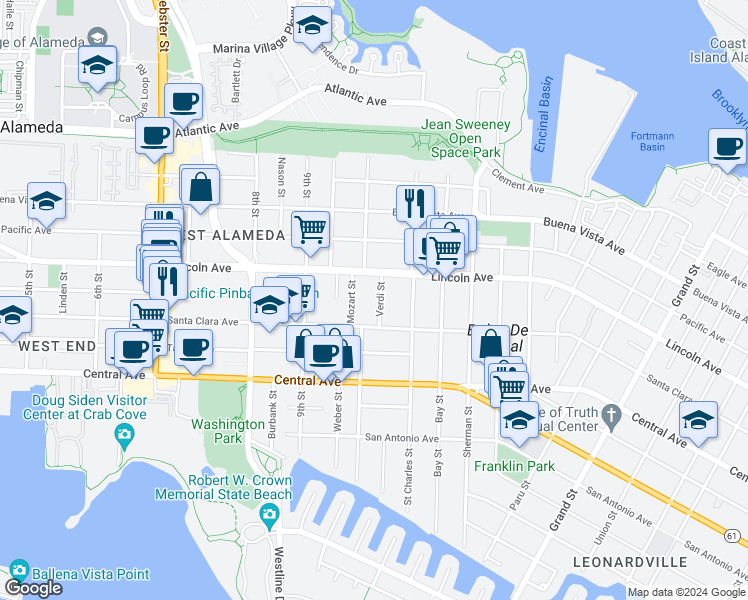 map of restaurants, bars, coffee shops, grocery stores, and more near 1529 Verdi Street in Alameda
