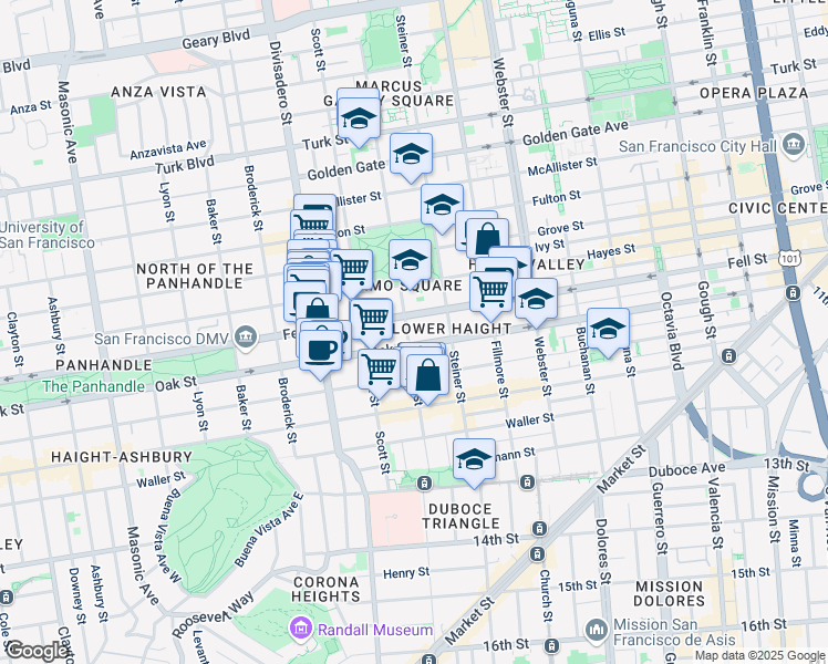 map of restaurants, bars, coffee shops, grocery stores, and more near 410 Pierce Street in San Francisco