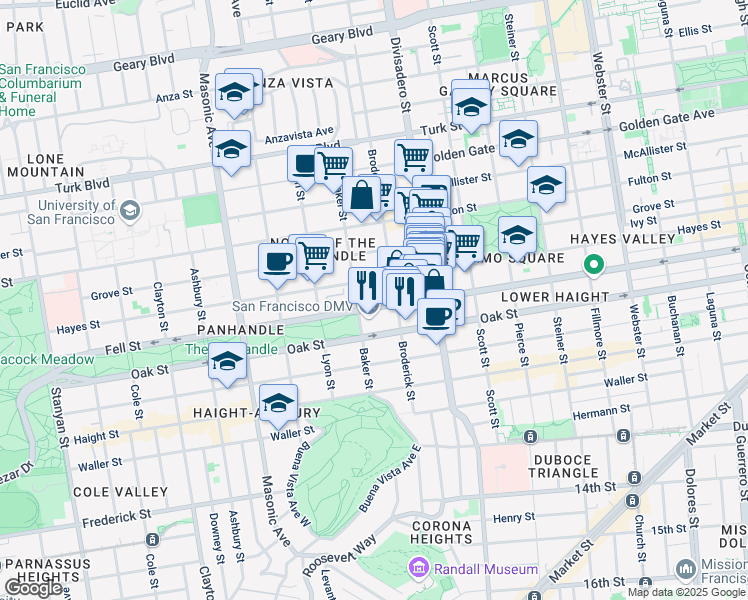 map of restaurants, bars, coffee shops, grocery stores, and more near 1469 Hayes Street in San Francisco