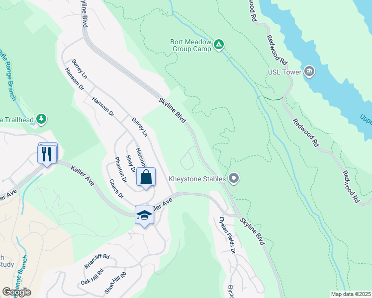 map of restaurants, bars, coffee shops, grocery stores, and more near 8215 Skyline Circle in Oakland