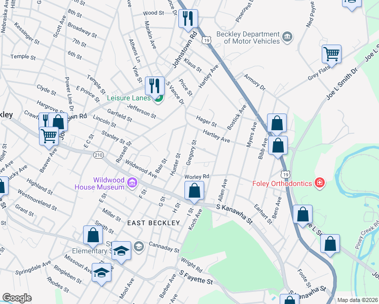 map of restaurants, bars, coffee shops, grocery stores, and more near 312 Gregory Street in Beckley
