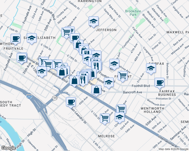 map of restaurants, bars, coffee shops, grocery stores, and more near 1718 High Street in Oakland