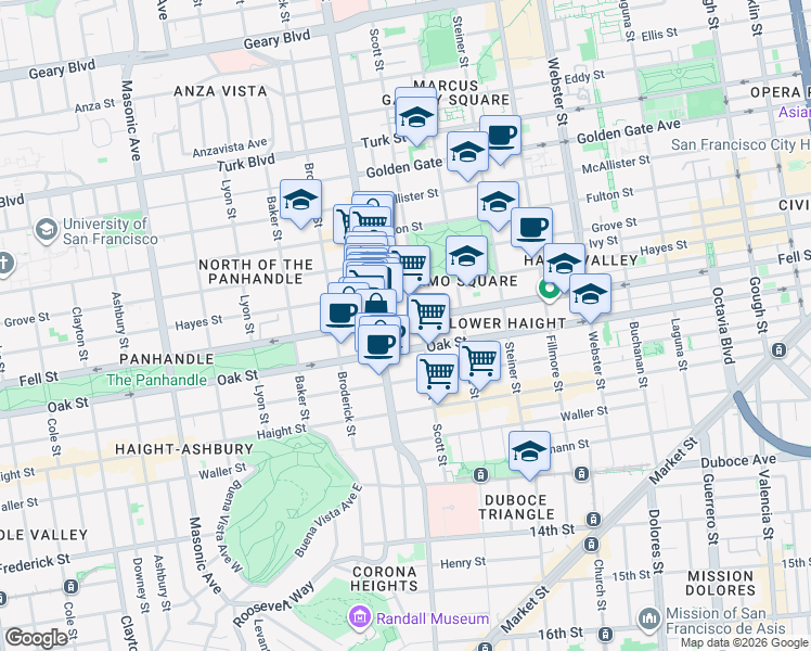 map of restaurants, bars, coffee shops, grocery stores, and more near 1133 Fell Street in San Francisco