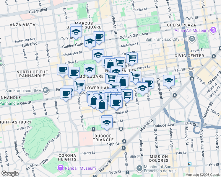 map of restaurants, bars, coffee shops, grocery stores, and more near 704 Oak Street in San Francisco