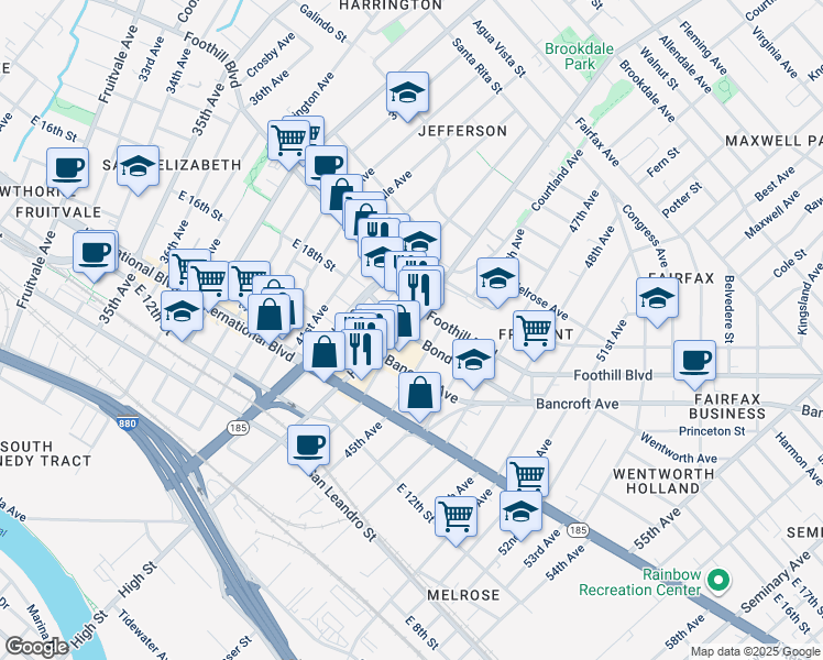 map of restaurants, bars, coffee shops, grocery stores, and more near 1718 High Street in Oakland