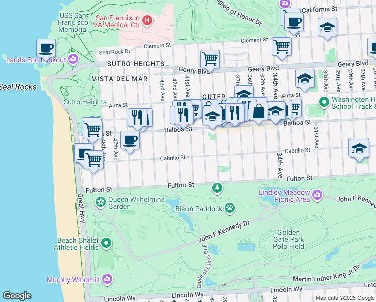 map of restaurants, bars, coffee shops, grocery stores, and more near 759 41st Avenue in San Francisco