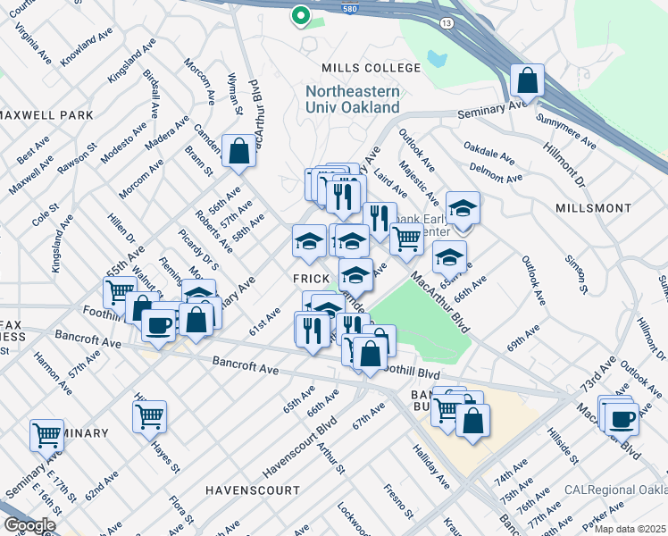 map of restaurants, bars, coffee shops, grocery stores, and more near 6120 Camden Street in Oakland