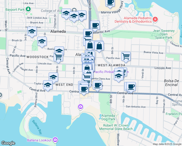 map of restaurants, bars, coffee shops, grocery stores, and more near 1526 Webster Street in Alameda