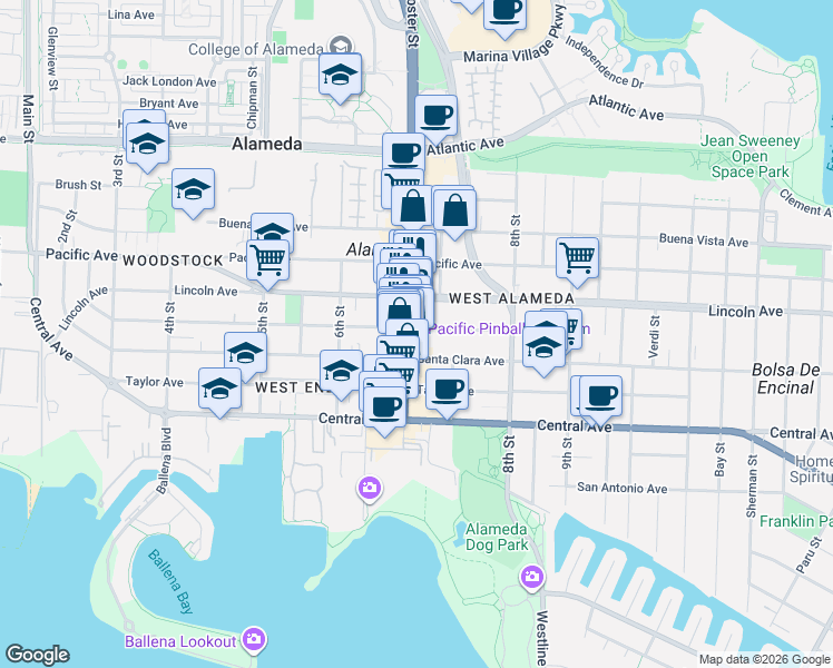 map of restaurants, bars, coffee shops, grocery stores, and more near 1526 Webster Street in Alameda