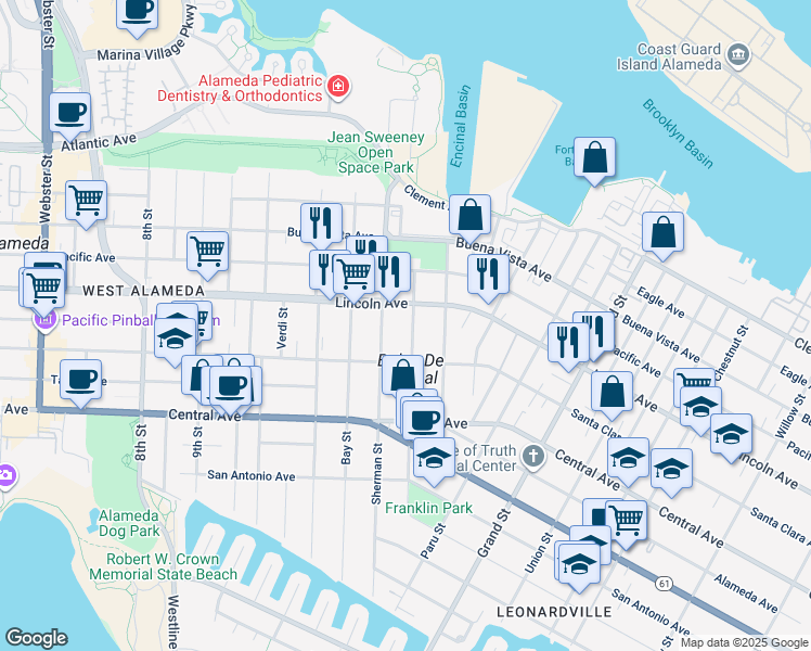 map of restaurants, bars, coffee shops, grocery stores, and more near 1533 Morton Street in Alameda