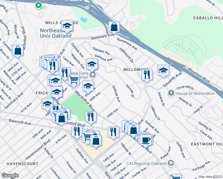 map of restaurants, bars, coffee shops, grocery stores, and more near 6623 Outlook Avenue in Oakland