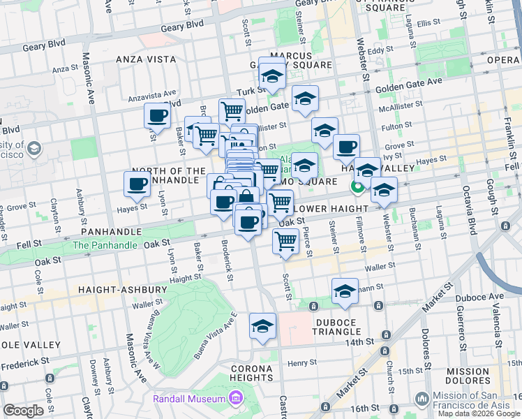 map of restaurants, bars, coffee shops, grocery stores, and more near 528 Divisadero Street in San Francisco