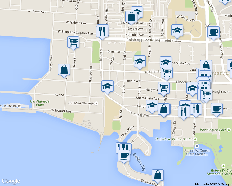 map of restaurants, bars, coffee shops, grocery stores, and more near 217 Santa Clara Avenue in Alameda