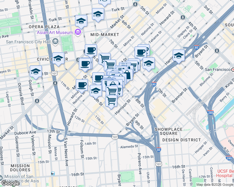 map of restaurants, bars, coffee shops, grocery stores, and more near 56 Ringold Street in San Francisco