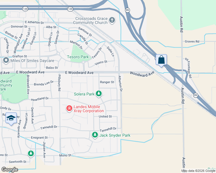 map of restaurants, bars, coffee shops, grocery stores, and more near 1589 Friendly Street in Manteca