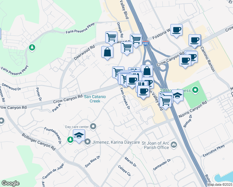 map of restaurants, bars, coffee shops, grocery stores, and more near 2790 Canyon Creek Drive in San Ramon