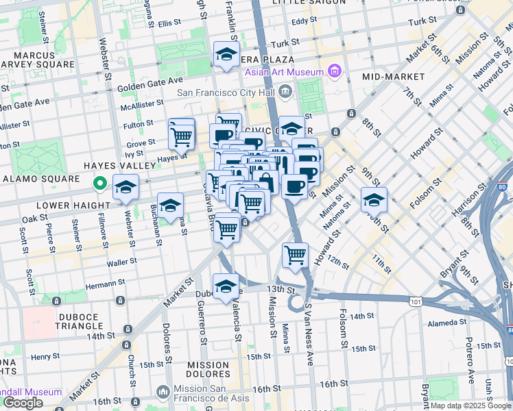 map of restaurants, bars, coffee shops, grocery stores, and more near in San Francisco