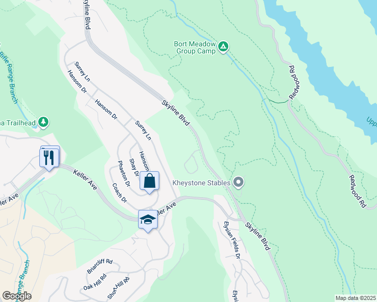 map of restaurants, bars, coffee shops, grocery stores, and more near 8215 Skyline Circle in Oakland
