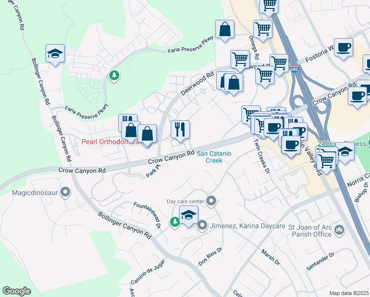 map of restaurants, bars, coffee shops, grocery stores, and more near 448 Constantine Court in San Ramon