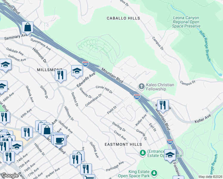 map of restaurants, bars, coffee shops, grocery stores, and more near 7542 Circle Hill Drive in Oakland