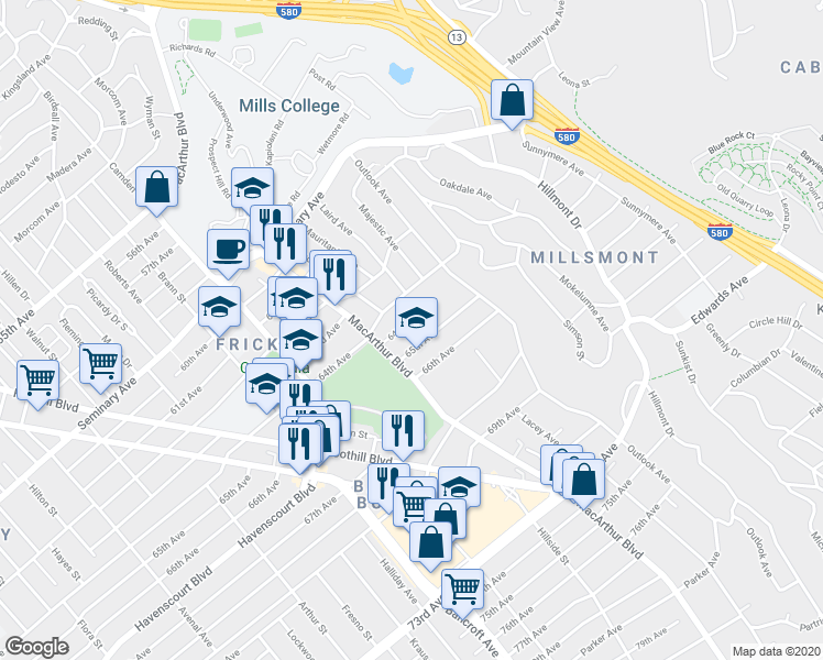 map of restaurants, bars, coffee shops, grocery stores, and more near 3425 64th Avenue Place in Oakland