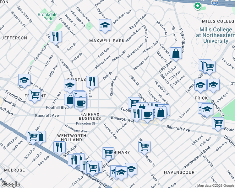 map of restaurants, bars, coffee shops, grocery stores, and more near 5421 Brookdale Avenue in Oakland