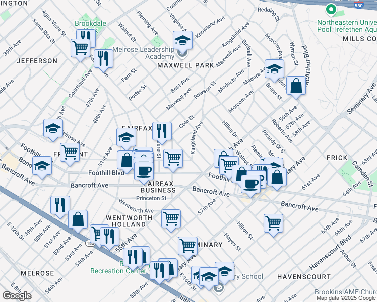 map of restaurants, bars, coffee shops, grocery stores, and more near 5350 Trask Street in Oakland