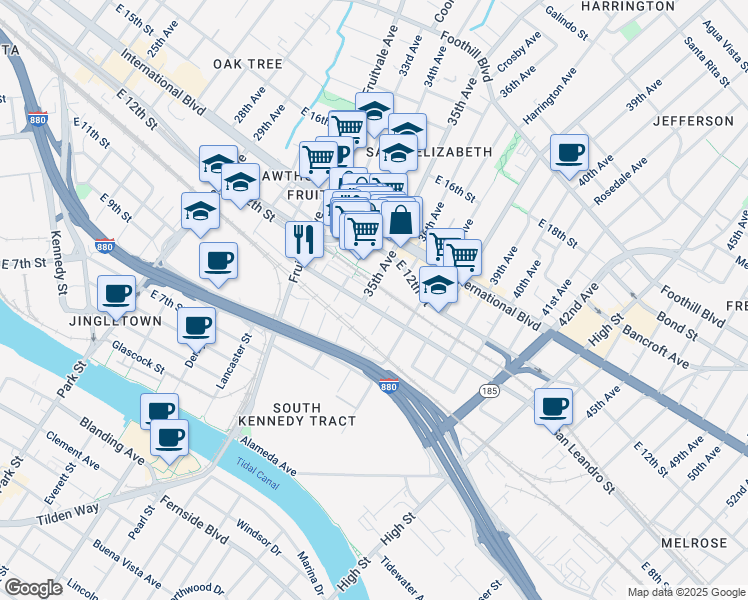 map of restaurants, bars, coffee shops, grocery stores, and more near 3420 San Leandro Street in Oakland
