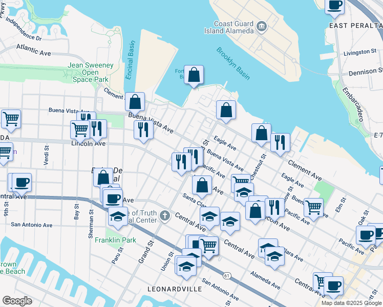 map of restaurants, bars, coffee shops, grocery stores, and more near 1721 Grand Street in Alameda