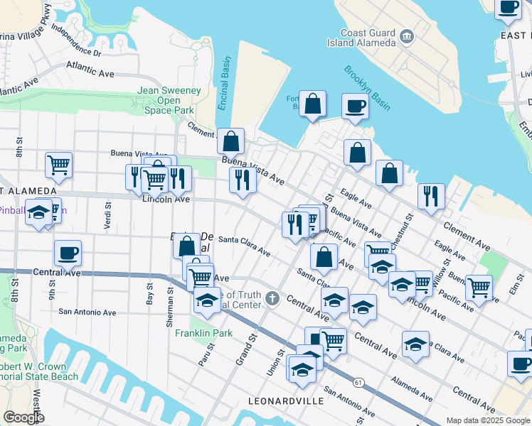 map of restaurants, bars, coffee shops, grocery stores, and more near 1582 Pacific Avenue in Alameda