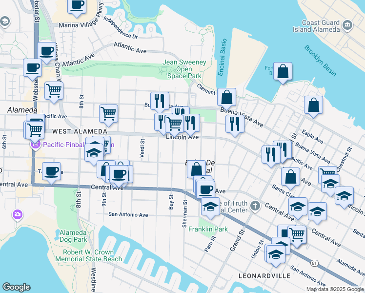 map of restaurants, bars, coffee shops, grocery stores, and more near 1557 Sherman Street in Alameda