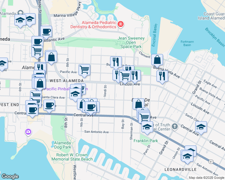 map of restaurants, bars, coffee shops, grocery stores, and more near 1040 Lincoln Avenue in Alameda