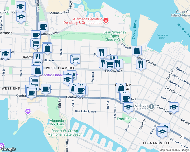 map of restaurants, bars, coffee shops, grocery stores, and more near 1040 Lincoln Avenue in Alameda
